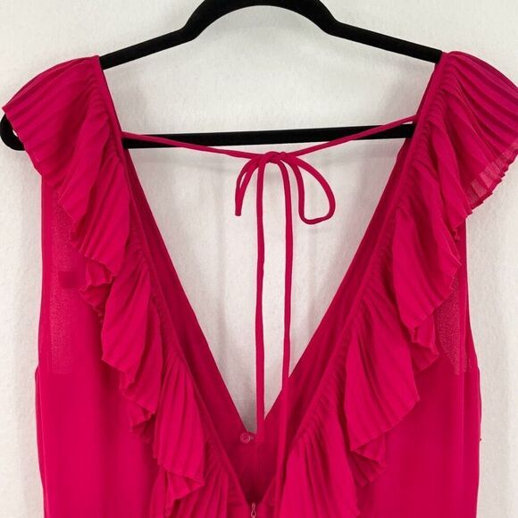 Zara Fushia Pink Plunge V Neck Tie Back Sleeveless Pleated Maxi Dress Medium - Picture 7 of 13
